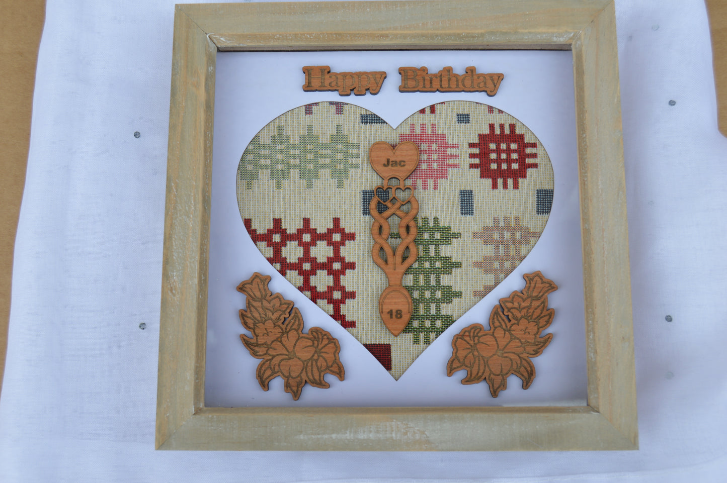 Love Spoon Box Frame, can be personalised, gift, laser engraved, Birthday, Wedding, Welsh, Cymraeg, Wool material, Welsh Tapestry.