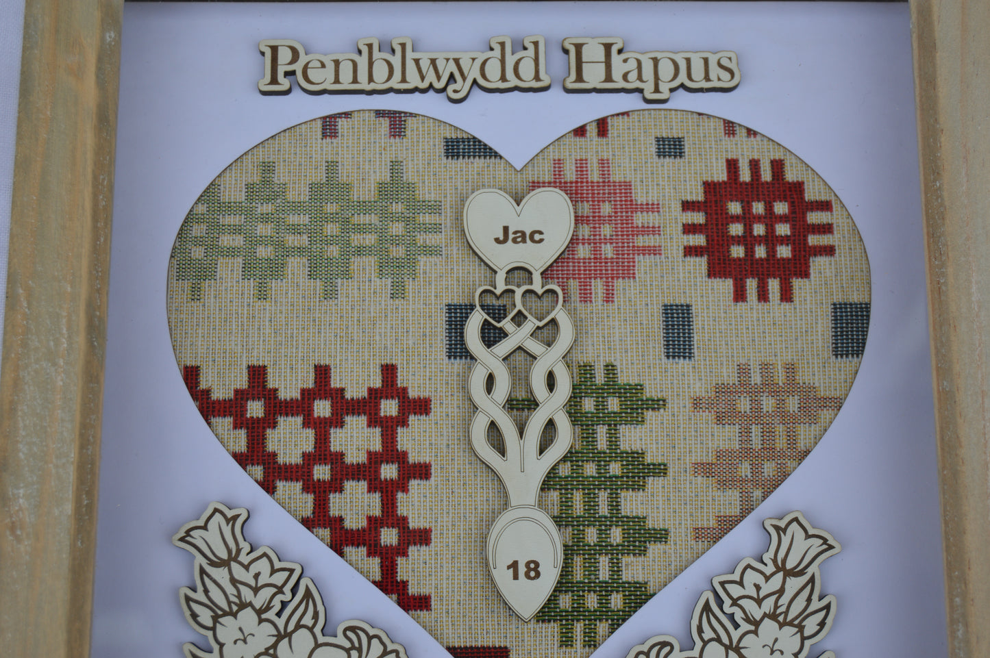 Love Spoon Box Frame, can be personalised, gift, laser engraved, Birthday, Wedding, Welsh, Cymraeg, Wool material, Welsh Tapestry.