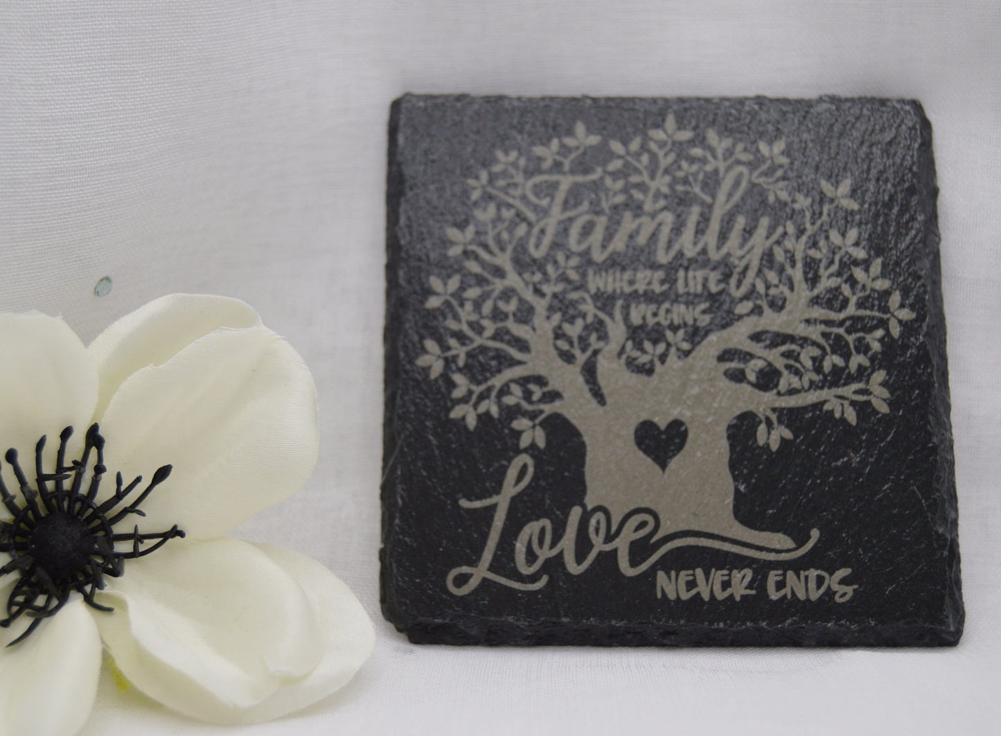 Family, Where life begins, Love never ends, Slate Coaster, Laser Engraved, Gifts for Wedding, Birthday, Anniversary, made by Llan Gifts