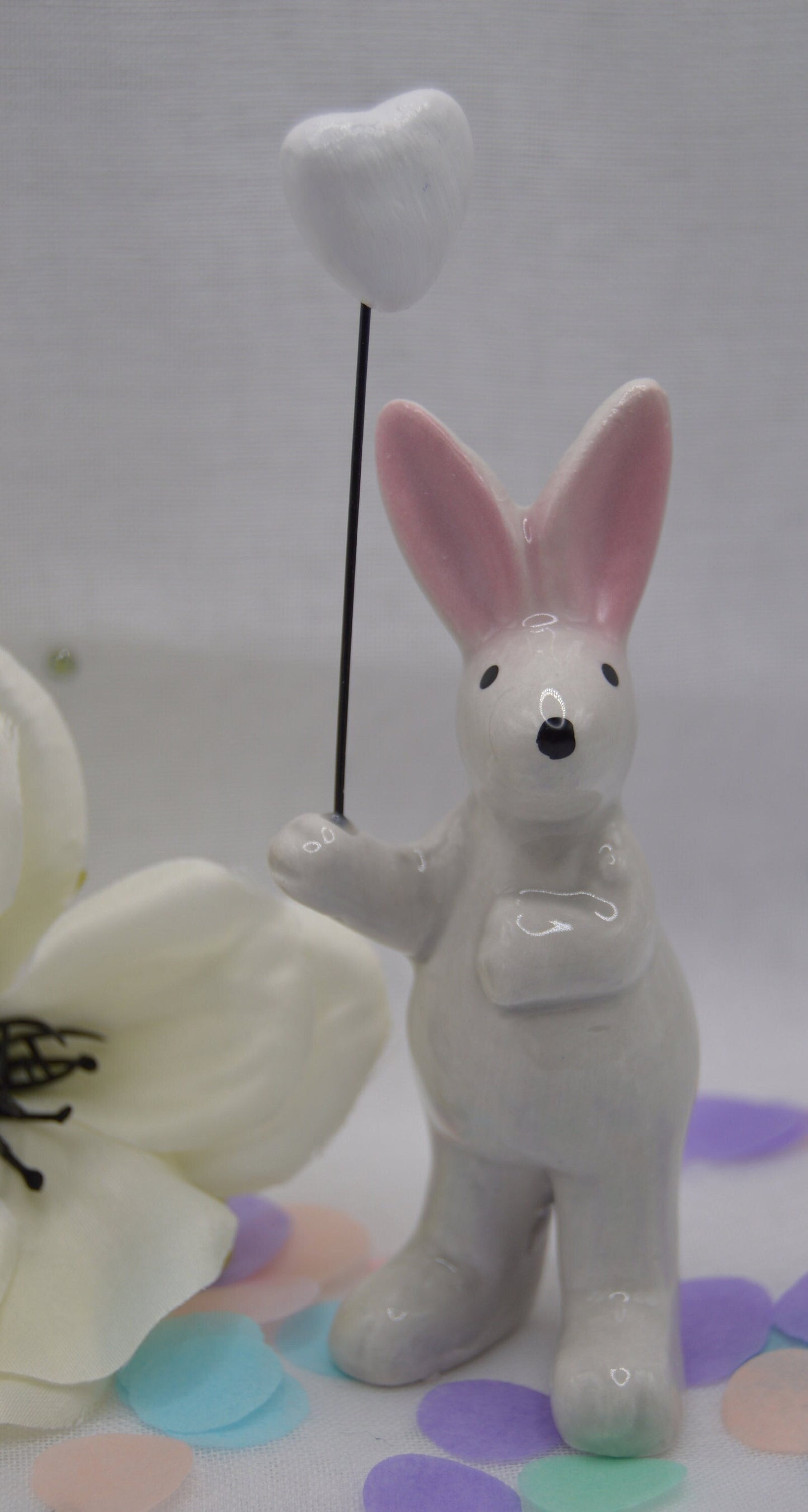 Cute Ceramic Rabbit Ornament Holding Heart Balloon, Bunny, White Heart, Pink Heart, Gift, Wedding, Easter, Hand Made by Llan Gifts.