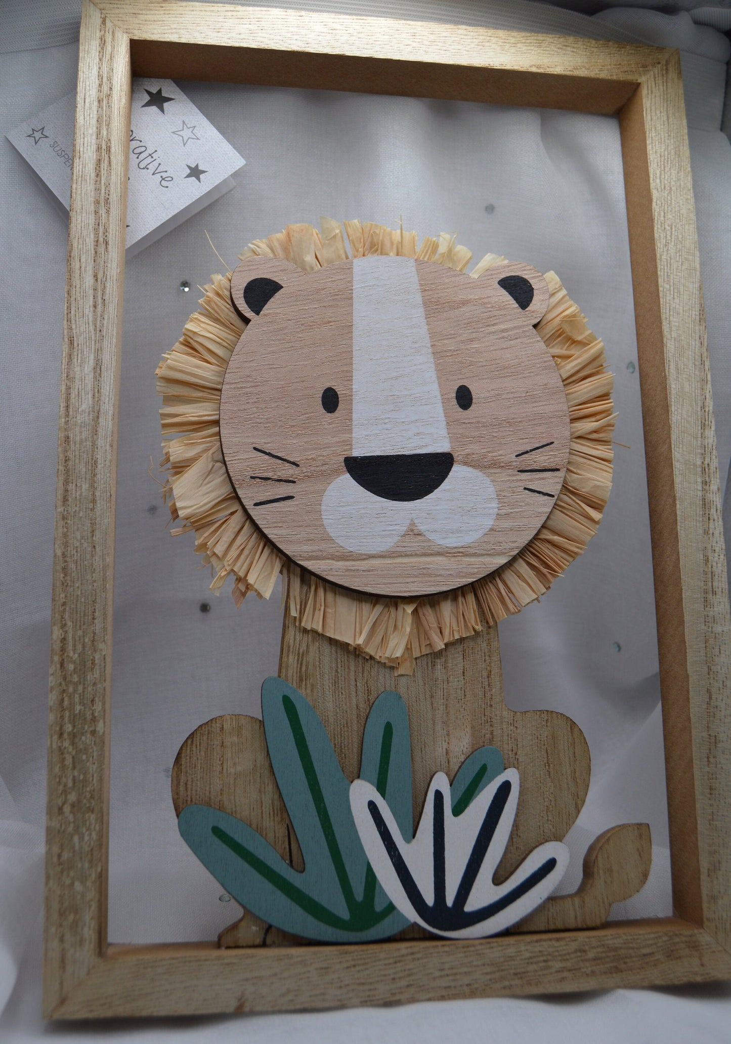 Lion Cutout Plaque, Adorable Wood Lion With Grass Mane Sat Within a Wooden Frame, size 30cm