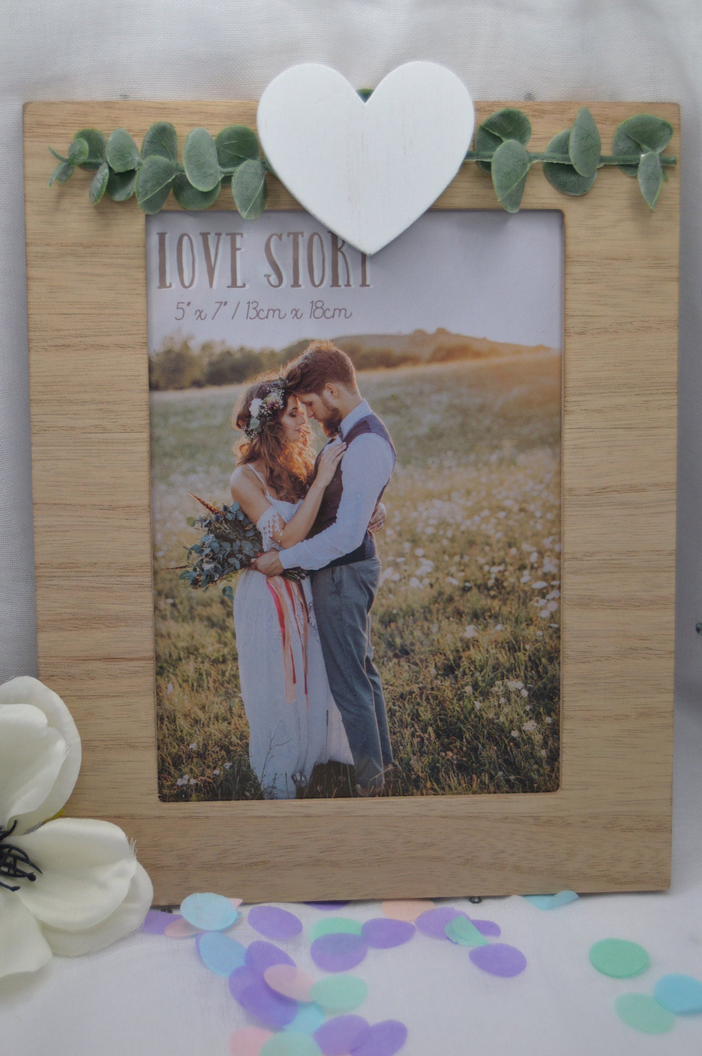 Love Story Rustic Wooden Frame, Size 4x6, 5x7, 8x10, with Leaves and Heart, Wedding