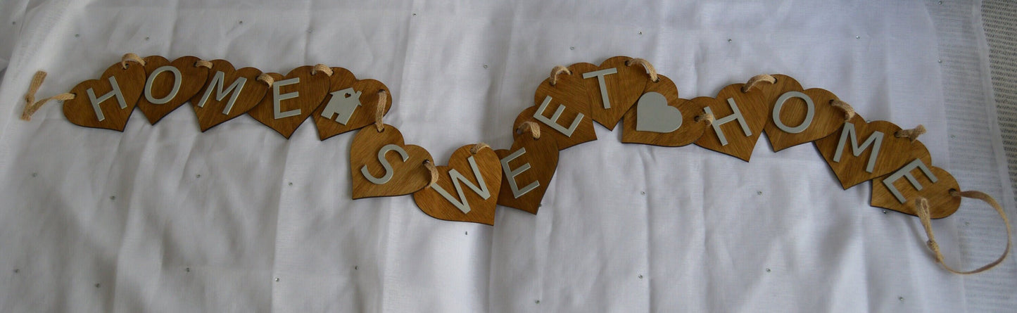 Wooden Bunting with Home Sweet Home, Grey lettering, House