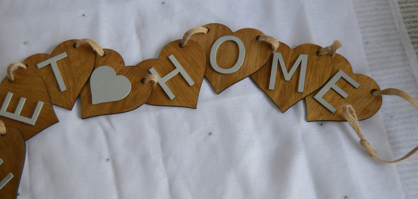 Wooden Bunting with Home Sweet Home, Grey lettering, House