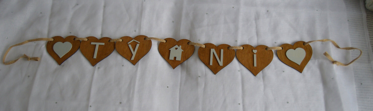 Wooden Bunting with "TY NI", Grey lettering, Grey Hearts, House, Cymraeg, Welsh