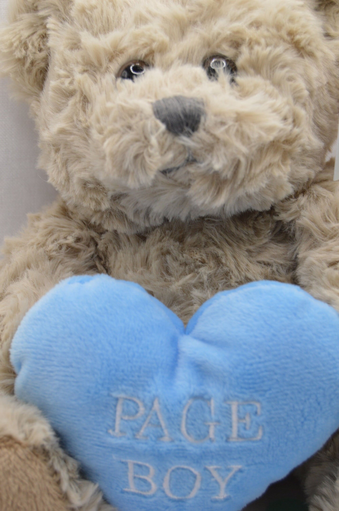 Plush Teddy Bear Holding a Heart, Flower Girl, Page Boy Bear, Pink and Blue Heart