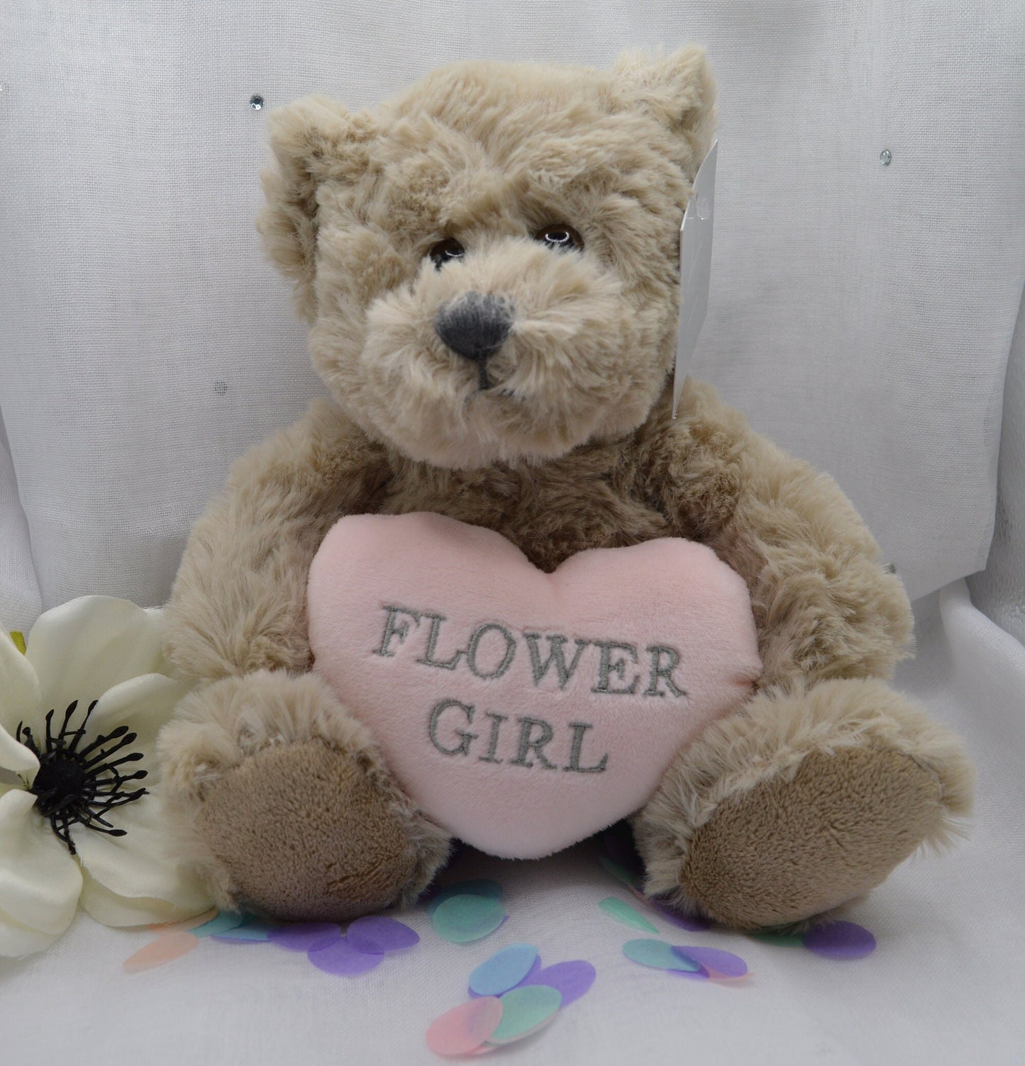 Plush Teddy Bear Holding a Heart, Flower Girl, Page Boy Bear, Pink and Blue Heart