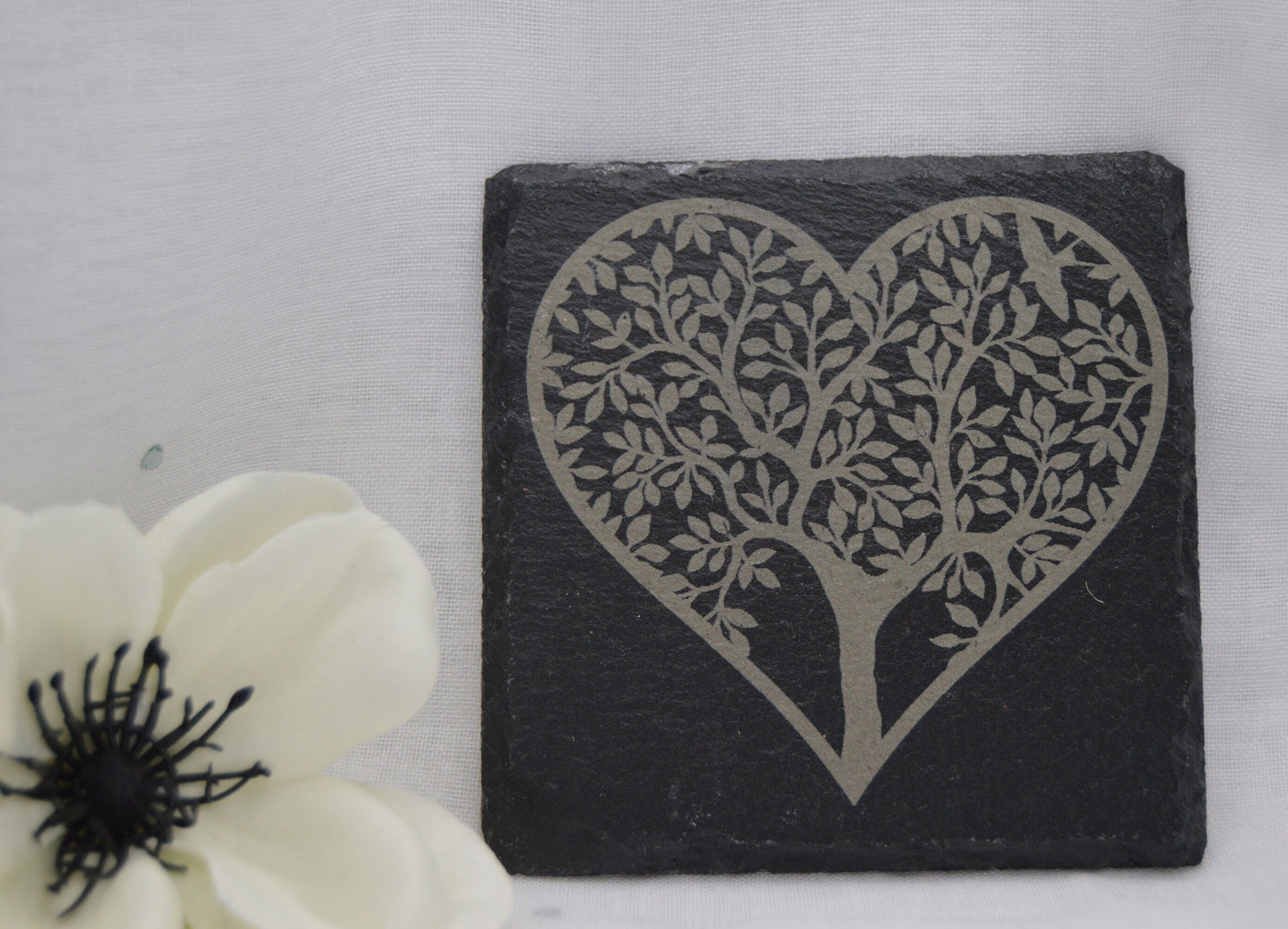 Heart Tree Design Slate Coasters, Square Shaped Coasters, Laser Engraved, Gifts for Wedding, Birthday, Anniversary, Christmas, Llan Gifts