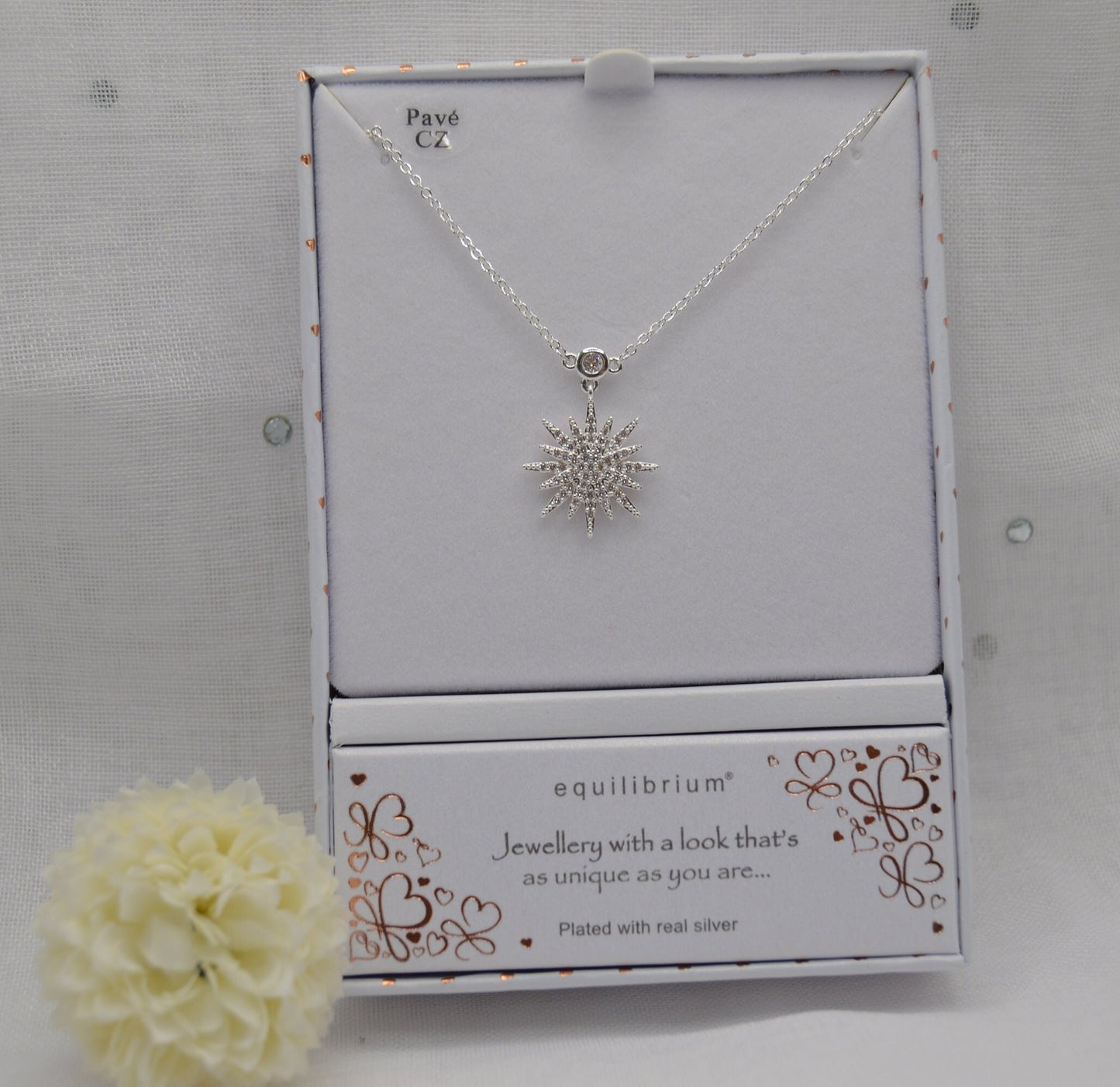 Neckless, CELESTIAL SUNBURST NECKLACE, Silver, with Cubic Zirconia, Gift for her, Jewellery, wedding, Priodas,