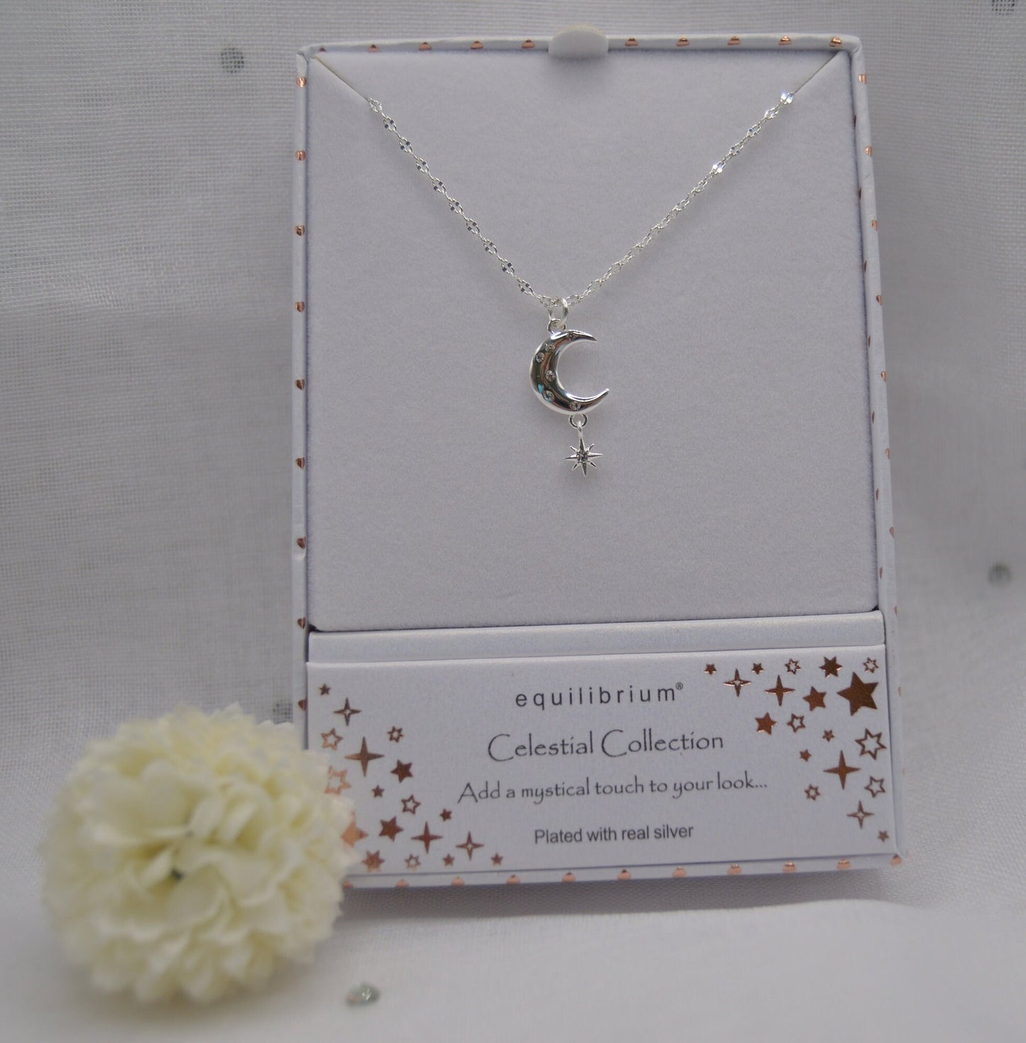 Neckless, Celestial Starlight neckless, Moon Shaped and dangling Star, Silver, with Cubic Zirconia, Jewellery