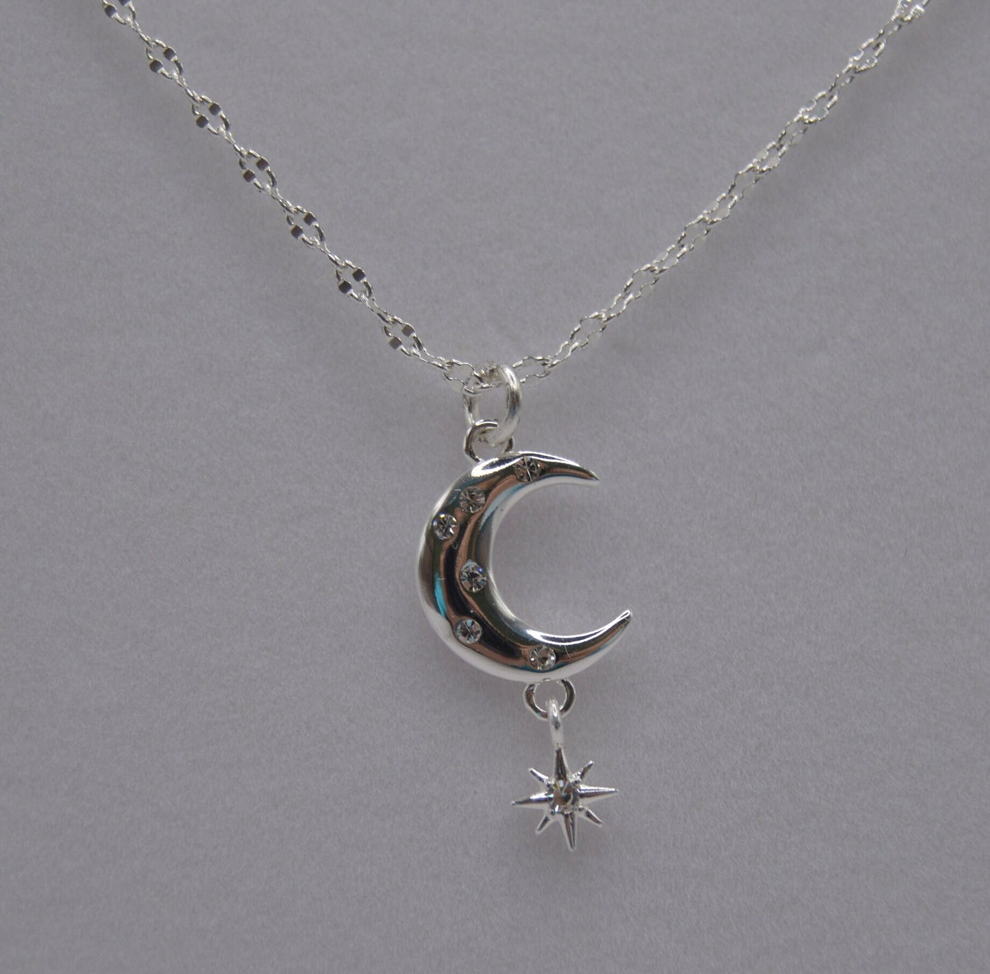 Neckless, Celestial Starlight neckless, Moon Shaped and dangling Star, Silver, with Cubic Zirconia, Jewellery