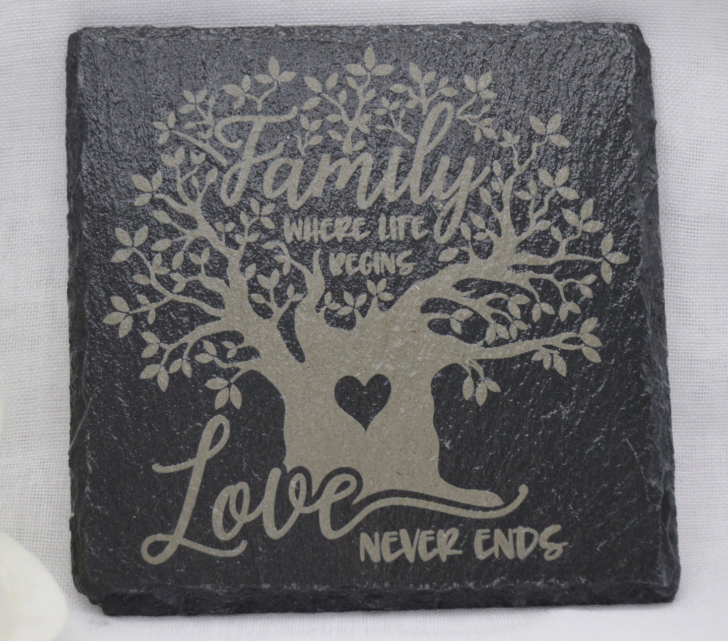 Family, Where life begins, Love never ends, Slate Coaster, Laser Engraved, Gifts for Wedding, Birthday, Anniversary, made by Llan Gifts
