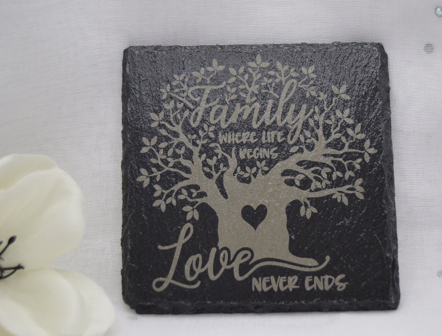 Family, Where life begins, Love never ends, Slate Coaster, Laser Engraved, Gifts for Wedding, Birthday, Anniversary, made by Llan Gifts