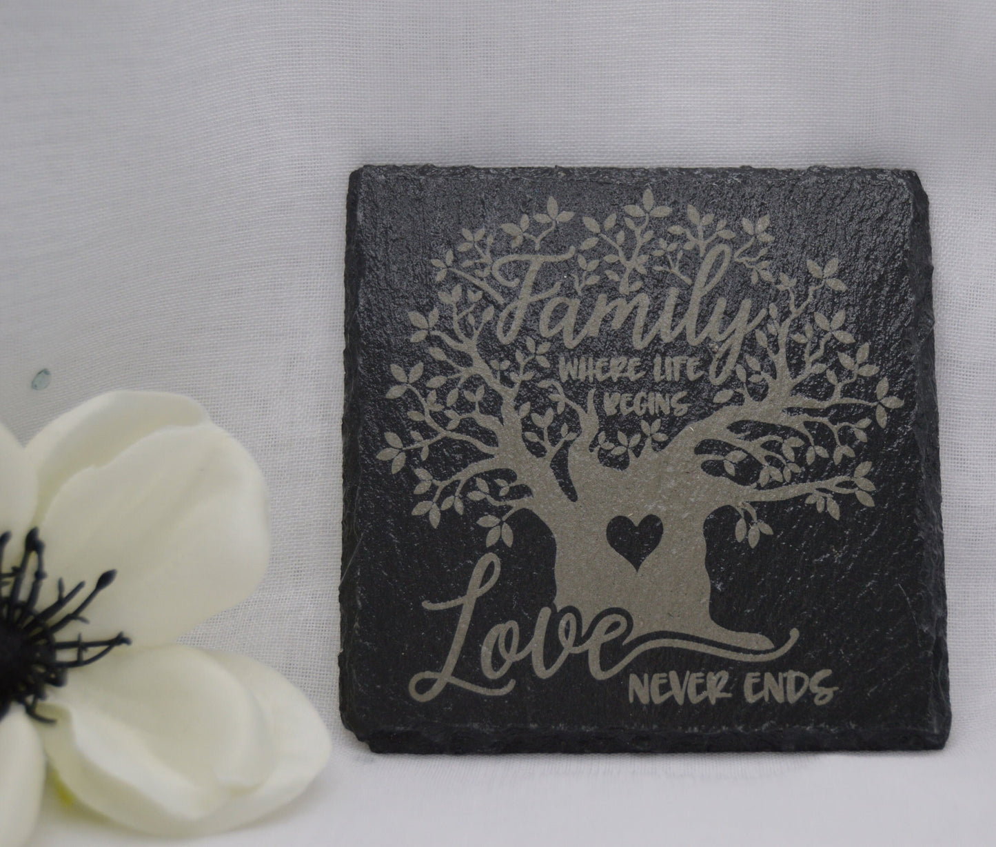 Family, Where life begins, Love never ends, Slate Coaster, Laser Engraved, Gifts for Wedding, Birthday, Anniversary, made by Llan Gifts
