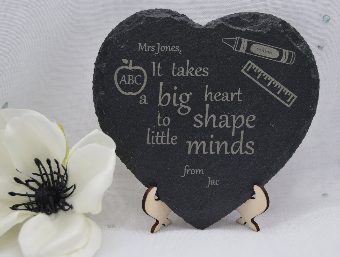 Teachers heart gift, Can be personalised, Slate and wood design, Laser engraved, stand, can be used ad coaster. Hand Made by Llan Gifts