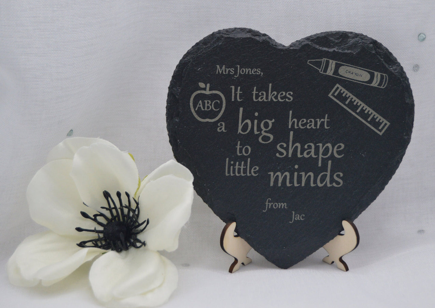 Teachers heart gift, Can be personalised, Slate and wood design, Laser engraved, stand, can be used ad coaster. Hand Made by Llan Gifts
