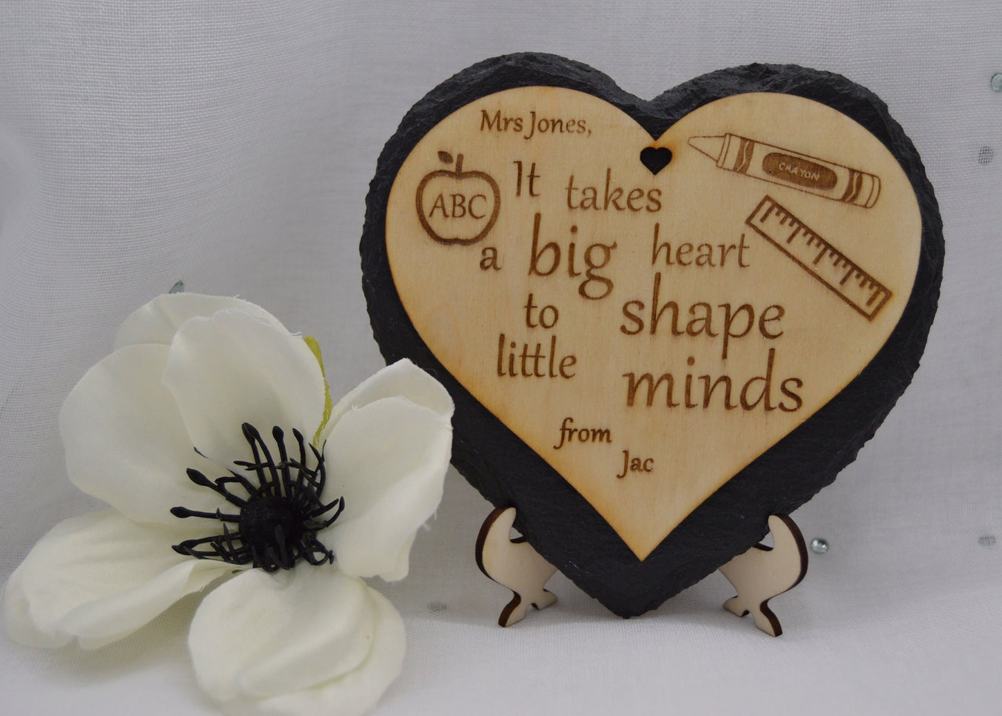 Teachers heart gift, Can be personalised, Slate and wood design, Laser engraved, stand, can be used ad coaster. Hand Made by Llan Gifts
