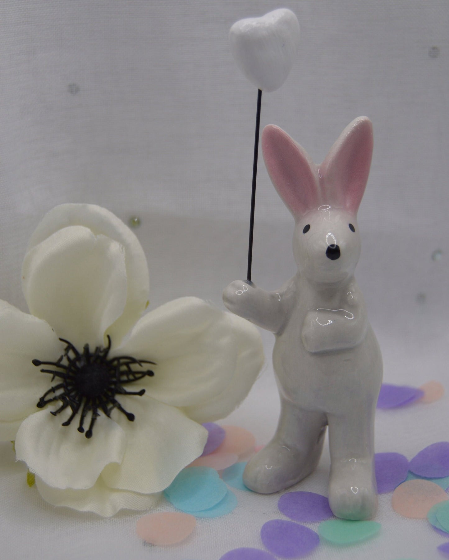 Cute Ceramic Rabbit Ornament Holding Heart Balloon, Bunny, White Heart, Pink Heart, Gift, Wedding, Easter, Hand Made by Llan Gifts.