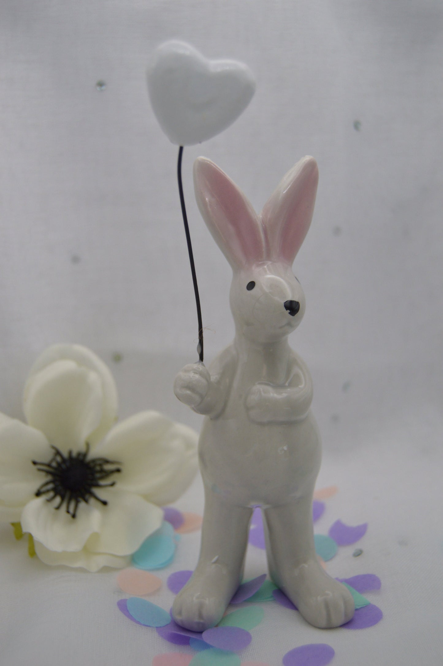 Cute Ceramic Rabbit Ornament Holding Heart Balloon, Bunny, White Heart, Pink Heart, Gift, Wedding, Easter, Hand Made by Llan Gifts.