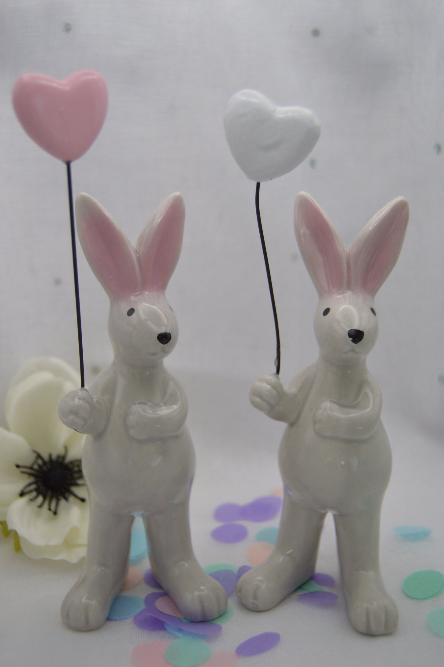 Cute Ceramic Rabbit Ornament Holding Heart Balloon, Bunny, White Heart, Pink Heart, Gift, Wedding, Easter, Hand Made by Llan Gifts.