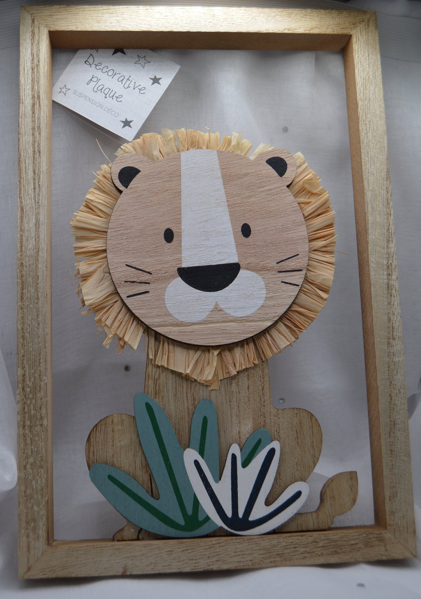 Lion Cutout Plaque, Adorable Wood Lion With Grass Mane Sat Within a Wooden Frame, size 30cm