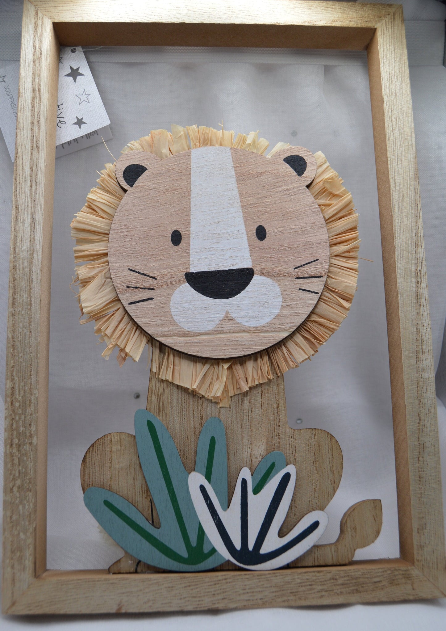 Lion Cutout Plaque, Adorable Wood Lion With Grass Mane Sat Within a Wooden Frame, size 30cm