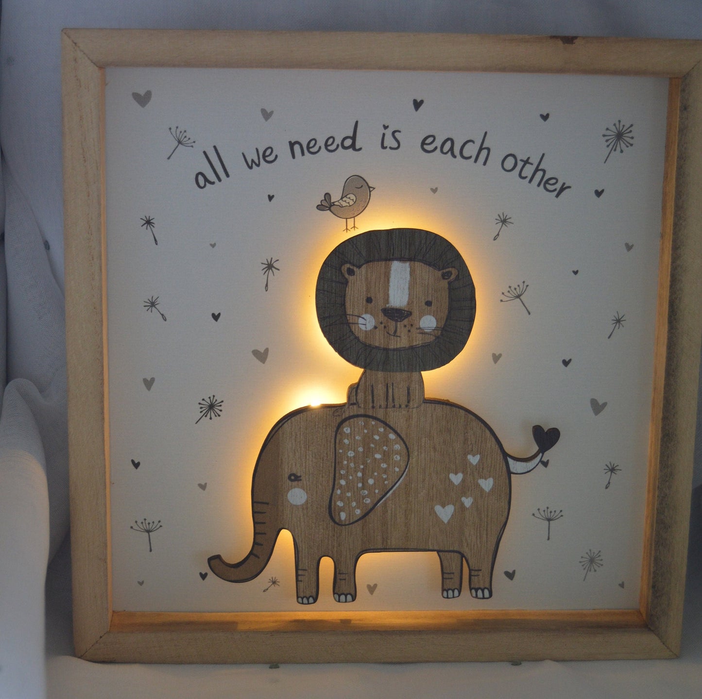 Cute Lion And Elephant Light Up Plaque, Led Light, All we need is each other, Size 23cm, Box Frame