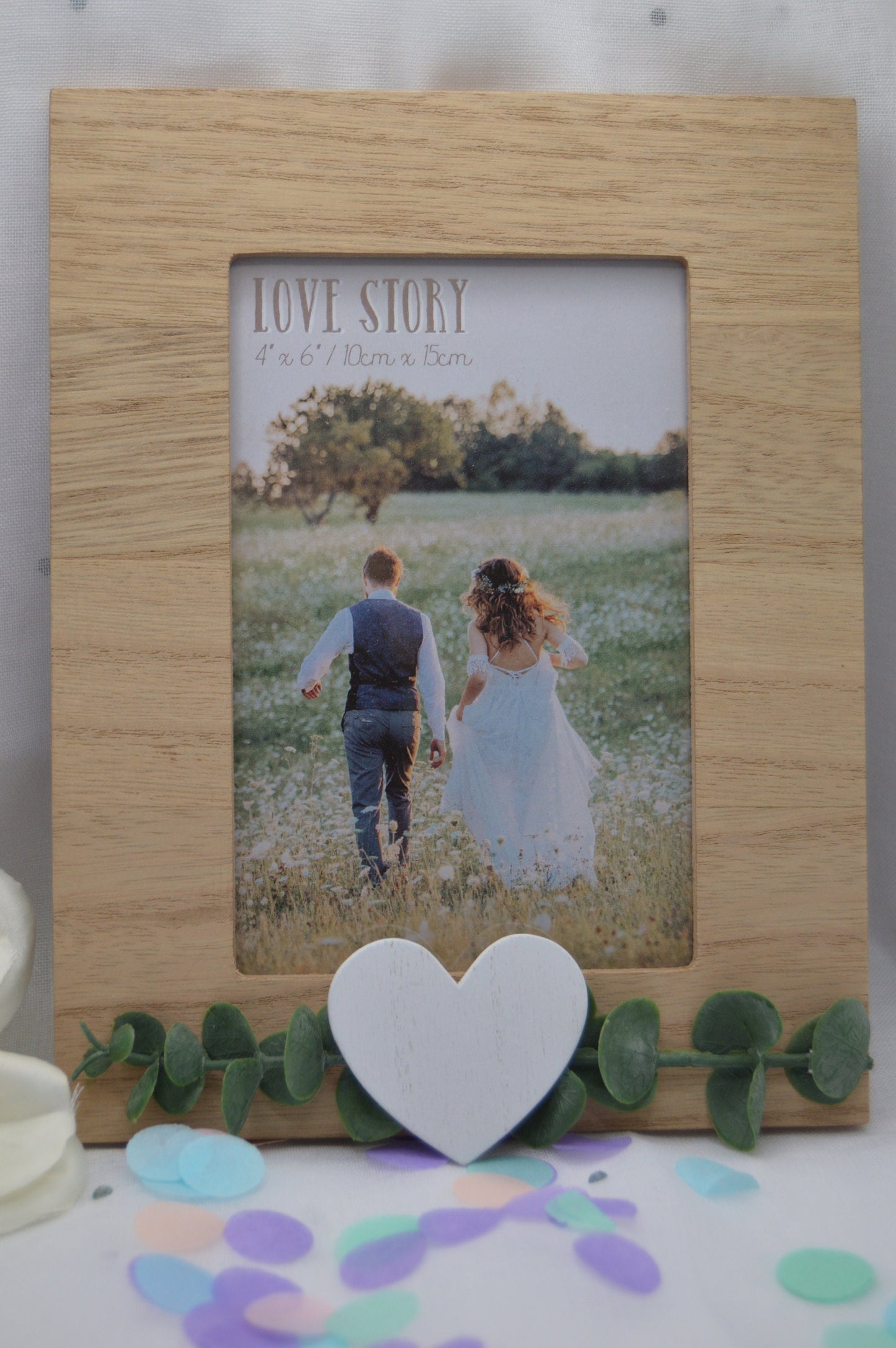 Love Story Rustic Wooden Frame, Size 4x6, 5x7, 8x10, with Leaves and Heart, Wedding