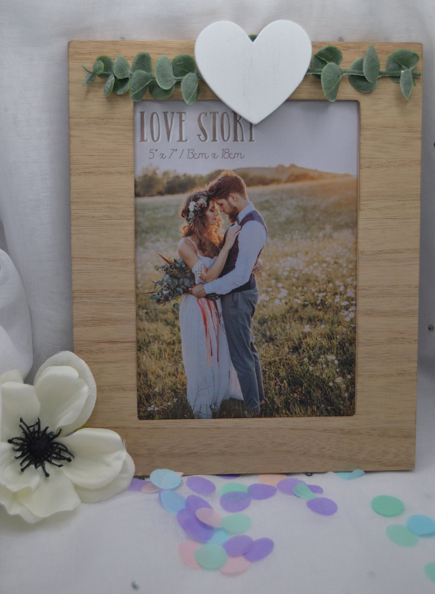 Love Story Rustic Wooden Frame, Size 4x6, 5x7, 8x10, with Leaves and Heart, Wedding