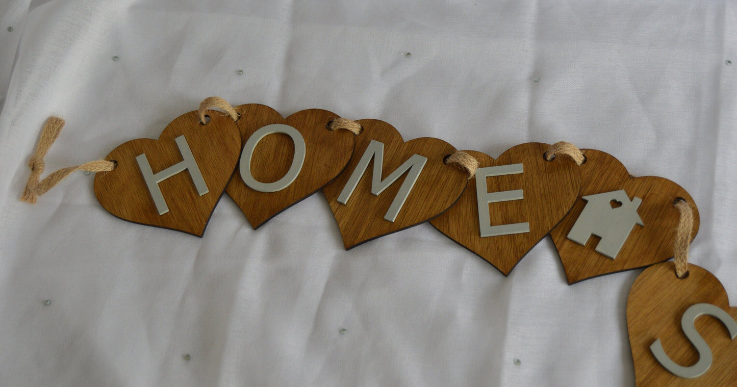 Wooden Bunting with Home Sweet Home, Grey lettering, House
