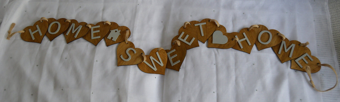 Wooden Bunting with Home Sweet Home, Grey lettering, House