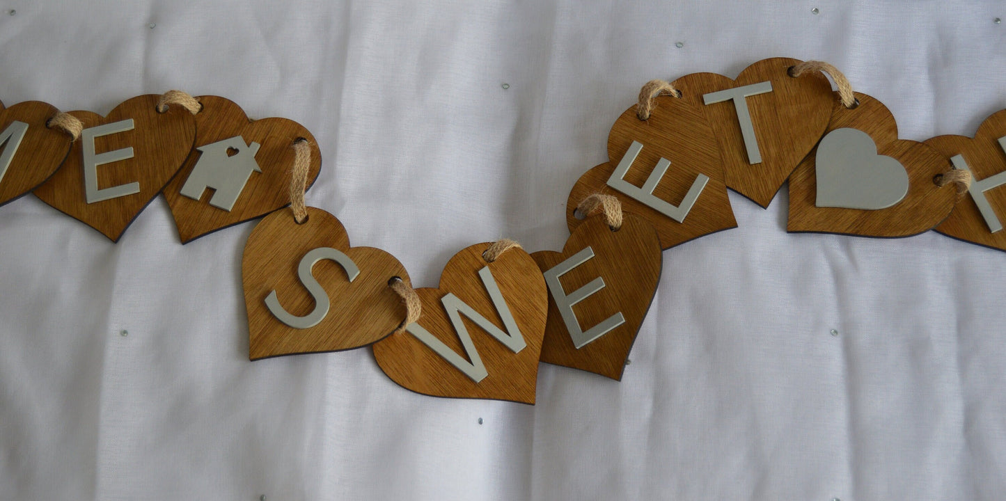 Wooden Bunting with Home Sweet Home, Grey lettering, House