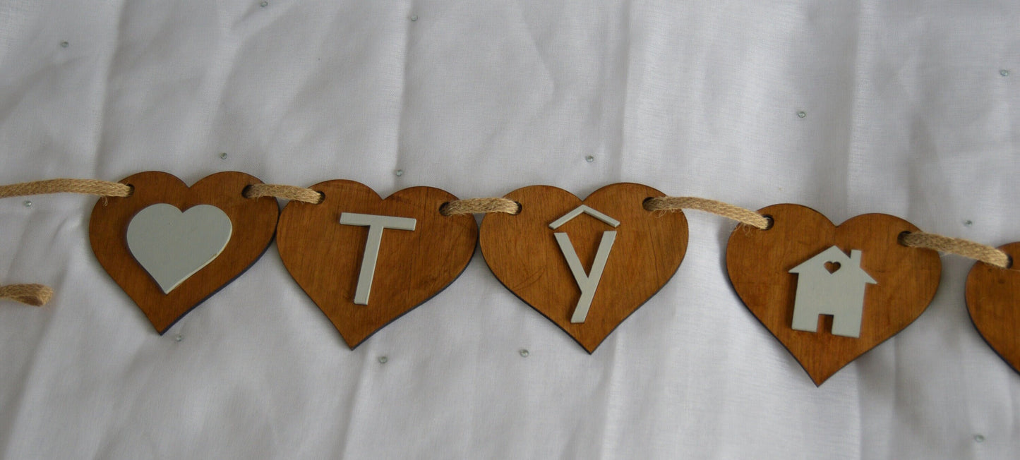 Wooden Bunting with "TY NI", Grey lettering, Grey Hearts, House, Cymraeg, Welsh