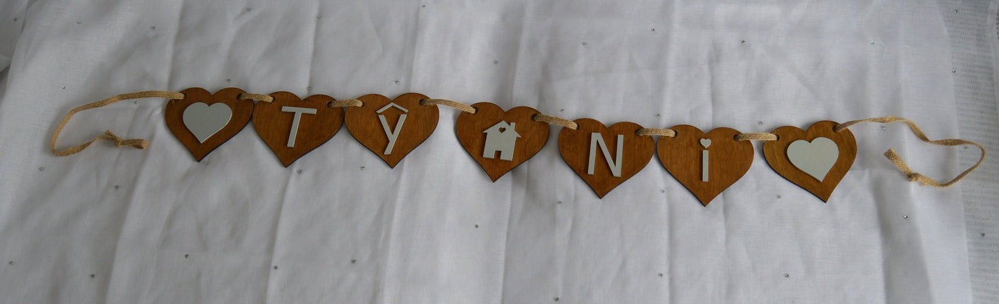 Wooden Bunting with "TY NI", Grey lettering, Grey Hearts, House, Cymraeg, Welsh