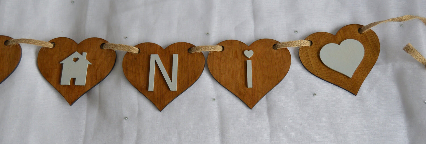Wooden Bunting with "TY NI", Grey lettering, Grey Hearts, House, Cymraeg, Welsh