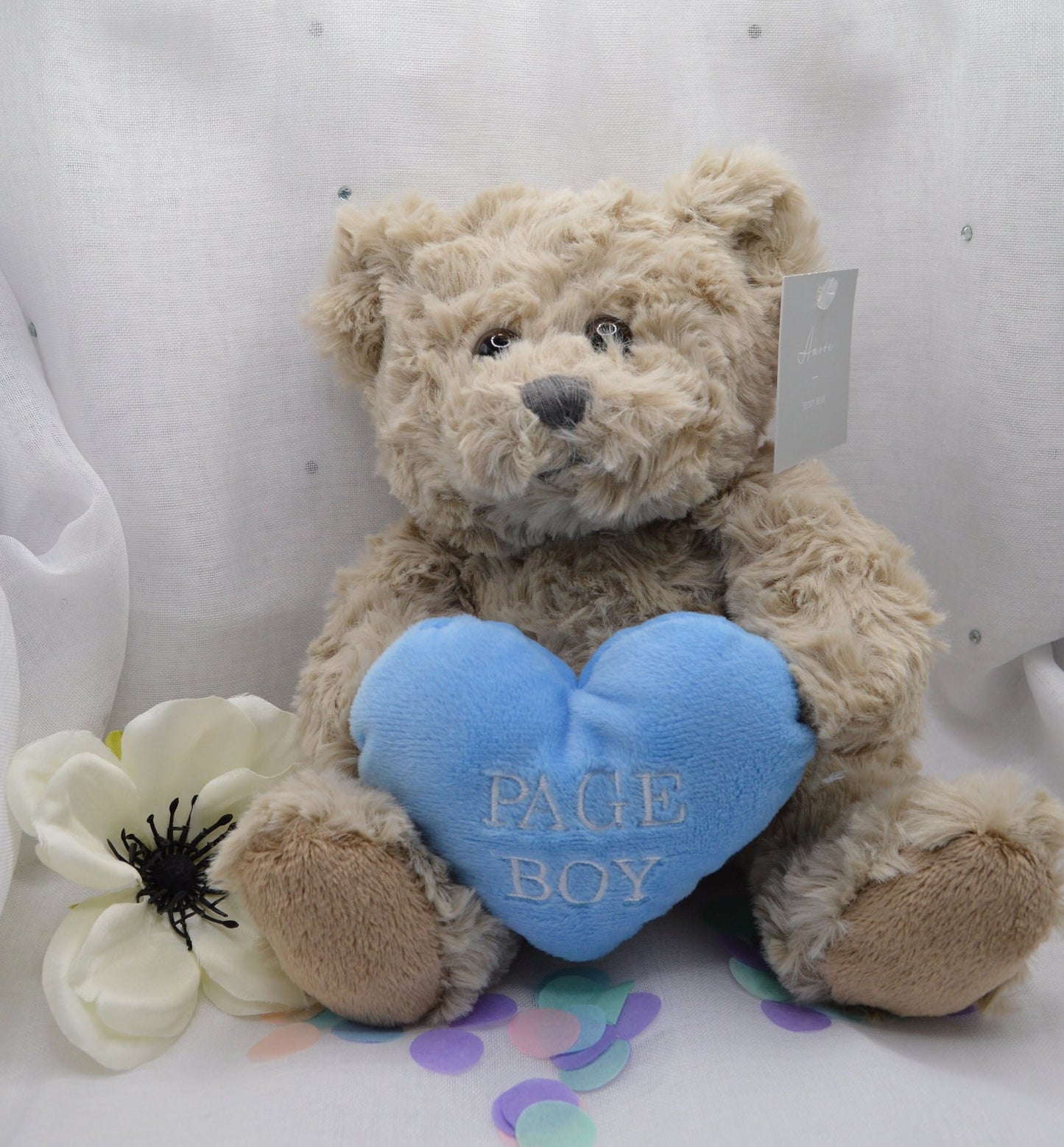 Plush Teddy Bear Holding a Heart, Flower Girl, Page Boy Bear, Pink and Blue Heart