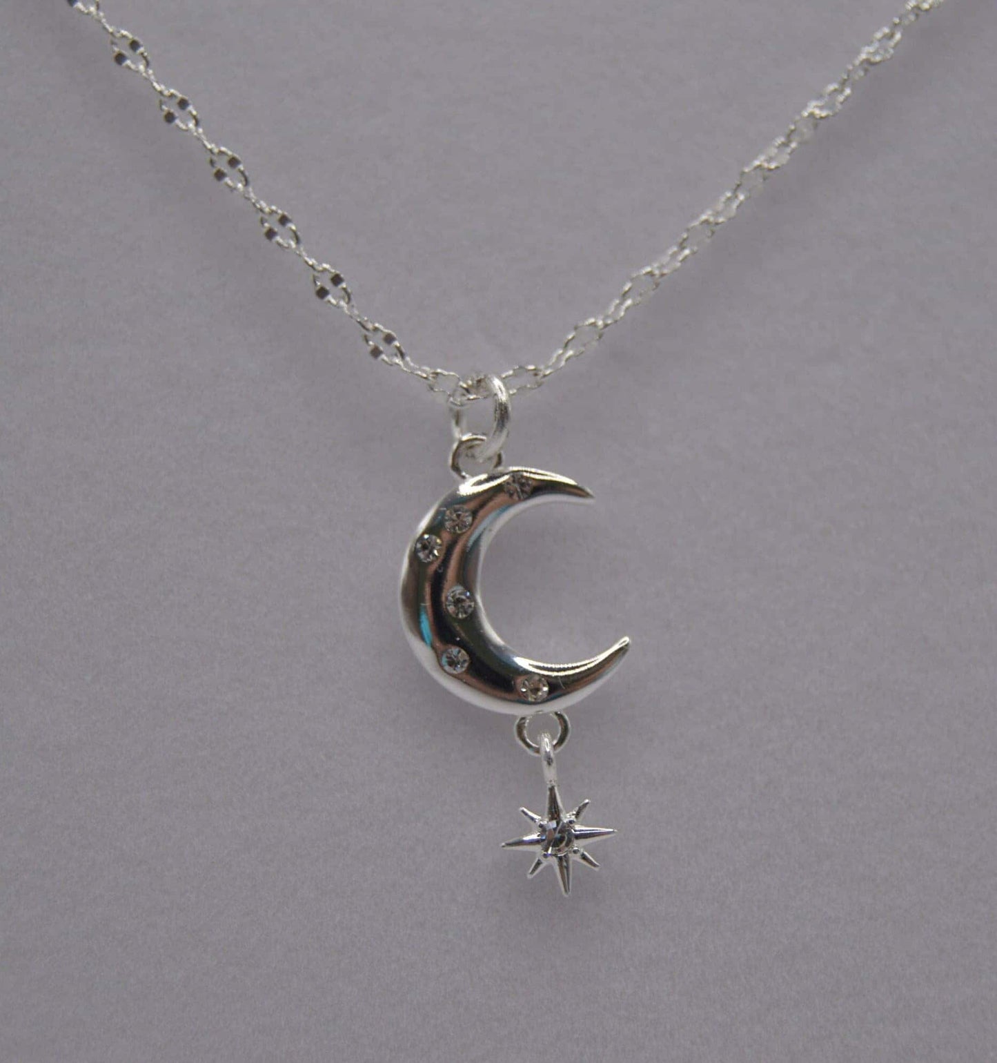 Neckless, Celestial Starlight neckless, Moon Shaped and dangling Star, Silver, with Cubic Zirconia, Jewellery