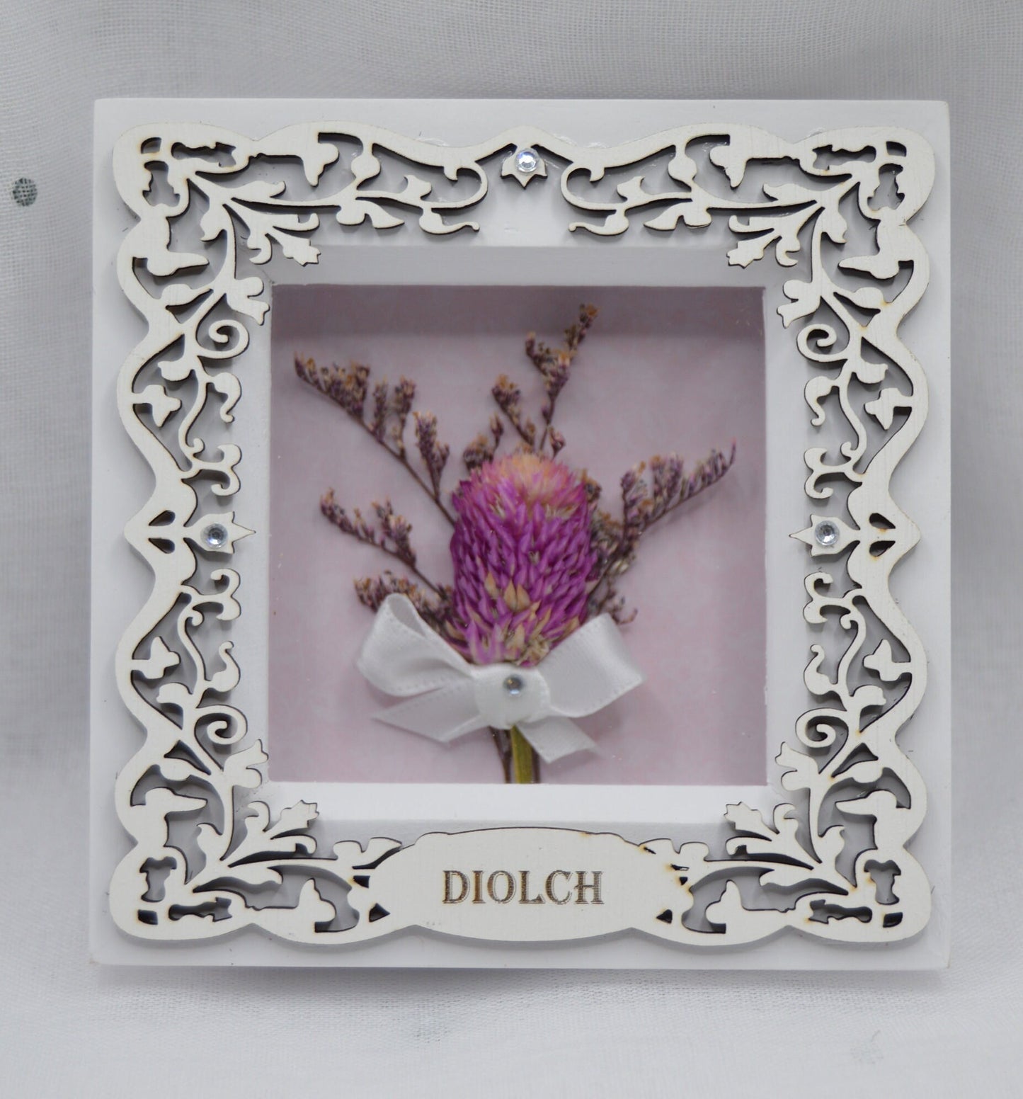 Dried Flowers Box Frame, Frame, Thick white wooden frame, Thank You, Diolch, Cymraeg, Welsh, Plaque, Small, Mr & Mrs.