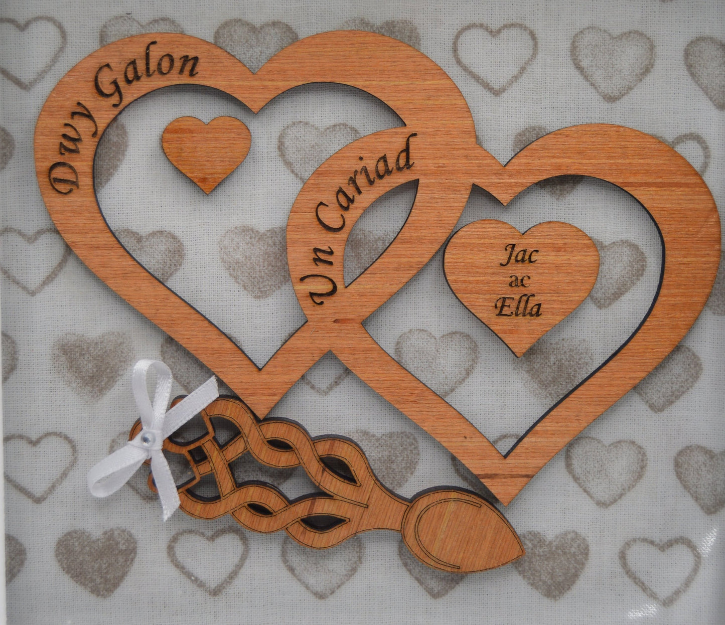 Priodas, Dwy Galon Un Cariad, can be personalised, Welsh for 'Two Hearts, One Love', gift, laser engraved, Love Spoon, wedding