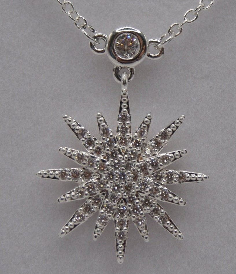 Neckless, CELESTIAL SUNBURST NECKLACE, Silver, with Cubic Zirconia, Gift for her, Jewellery, wedding, Priodas,