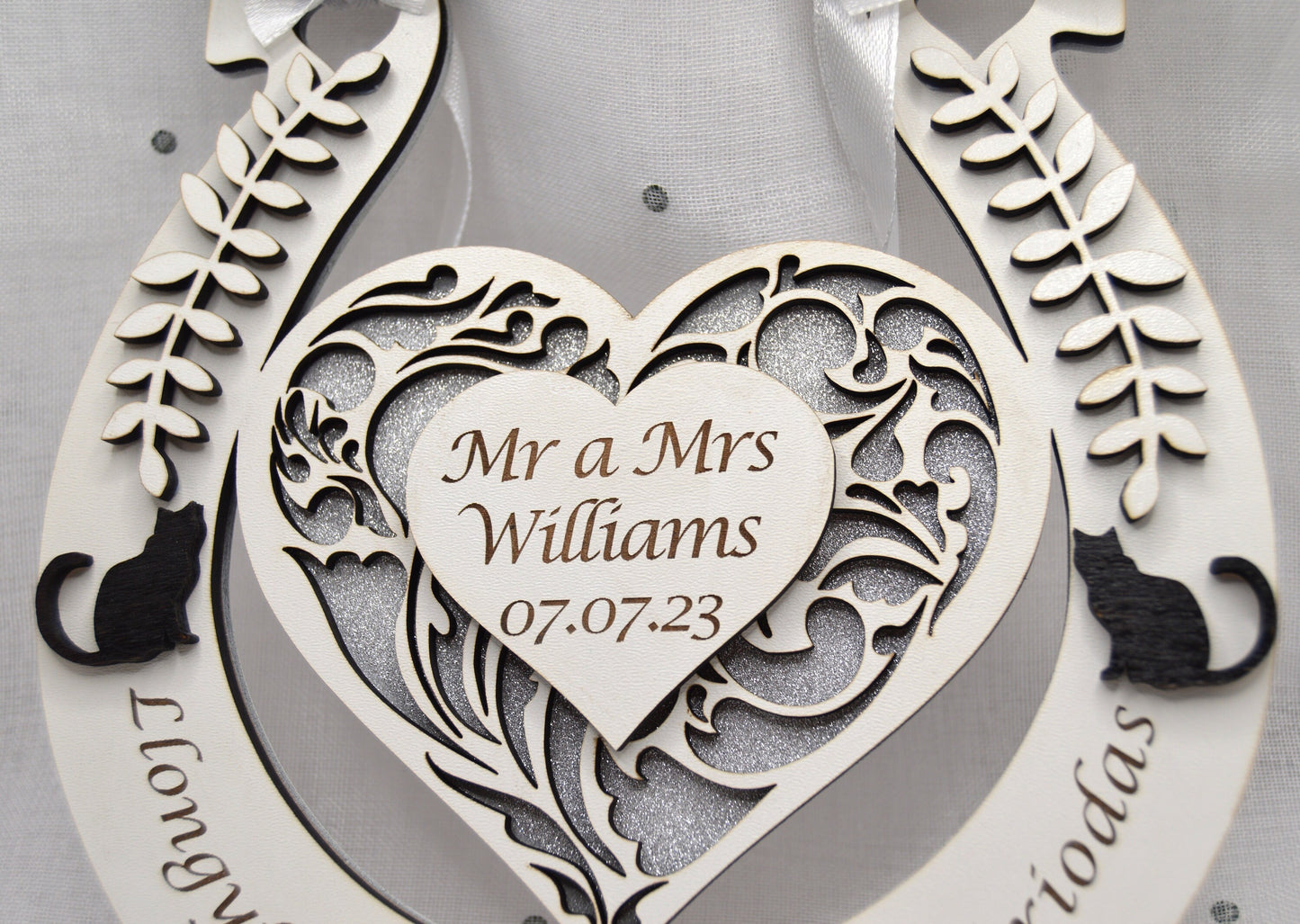Wedding Horseshoe, Pedol Priodas, Welsh, Cymraeg, gift, laser engraved, Priodas, English