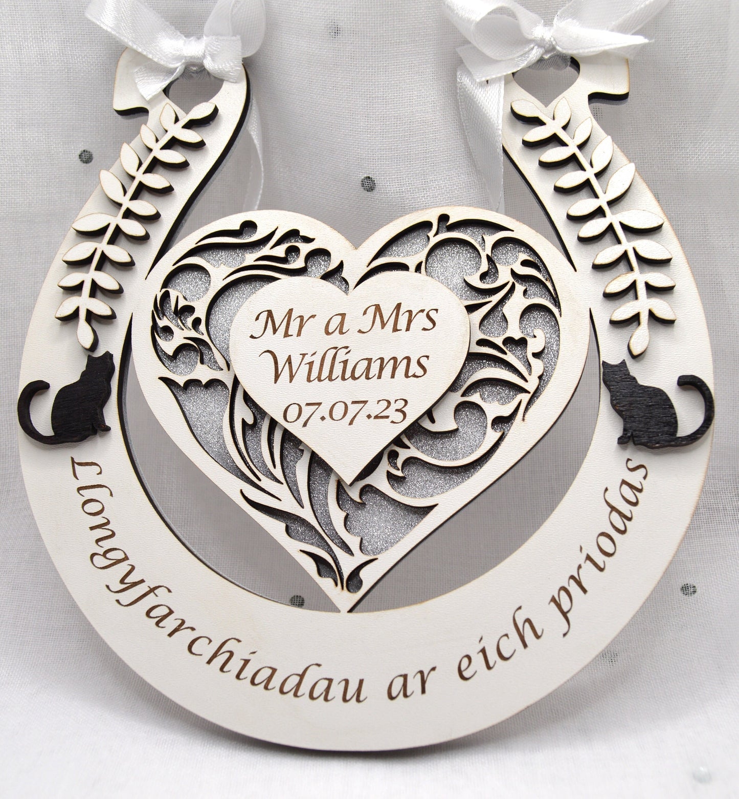 Wedding Horseshoe, Pedol Priodas, Welsh, Cymraeg, gift, laser engraved, Priodas, English