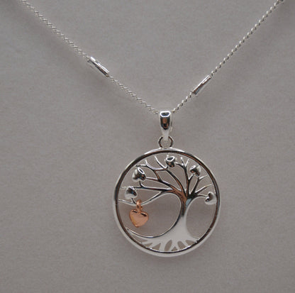 Tree of Life with Dangly Heart Neckless, Silver Neckless, Gold heart, Tree design,  Gift for her, Jewellery
