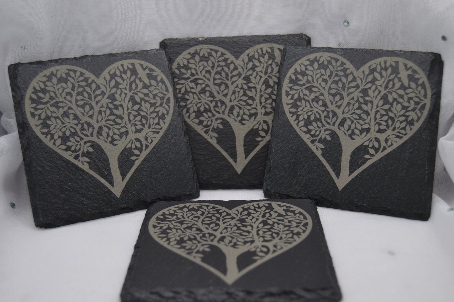Heart Tree Design Slate Coasters, Square Shaped Coasters, Laser Engraved, Gifts for Wedding, Birthday, Anniversary, Christmas, Llan Gifts