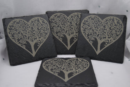 Heart Tree Design Slate Coasters, Square Shaped Coasters, Laser Engraved, Gifts for Wedding, Birthday, Anniversary, Christmas, Llan Gifts
