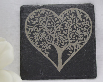 Heart Tree Design Slate Coasters, Square Shaped Coasters, Laser Engraved, Gifts for Wedding, Birthday, Anniversary, Christmas, Llan Gifts