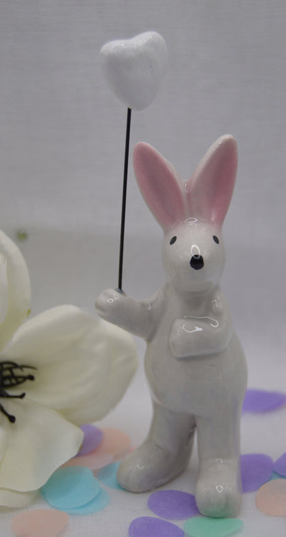 Cute Ceramic Rabbit Ornament Holding Heart Balloon, Bunny, White Heart, Pink Heart, Gift, Wedding, Easter, Hand Made by Llan Gifts.
