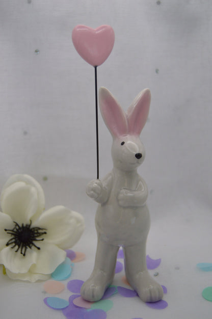 Cute Ceramic Rabbit Ornament Holding Heart Balloon, Bunny, White Heart, Pink Heart, Gift, Wedding, Easter, Hand Made by Llan Gifts.