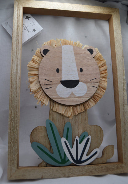 Lion Cutout Plaque, Adorable Wood Lion With Grass Mane Sat Within a Wooden Frame, size 30cm
