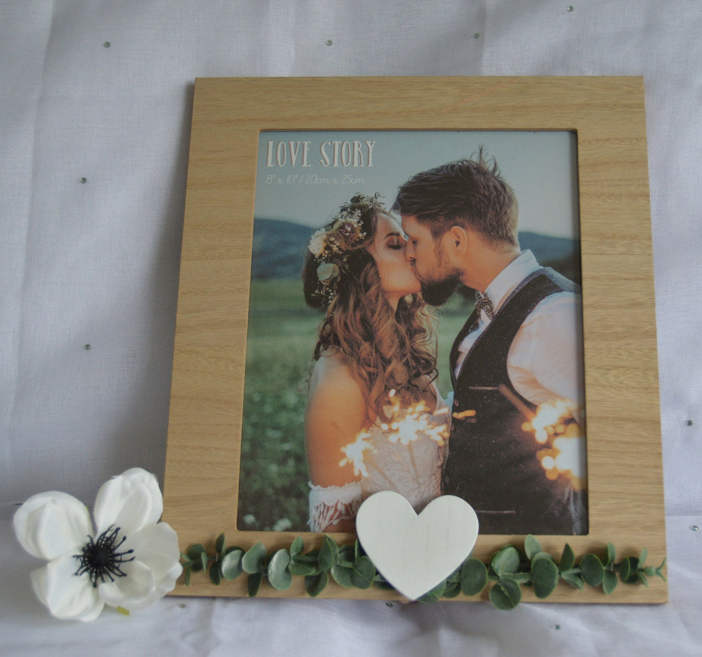 Love Story Rustic Wooden Frame, Size 4x6, 5x7, 8x10, with Leaves and Heart, Wedding